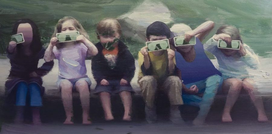 Nil Safont. Esperando el camión de los helados, 2024. Oli i guix sobre taula, 70 x 100 cm.